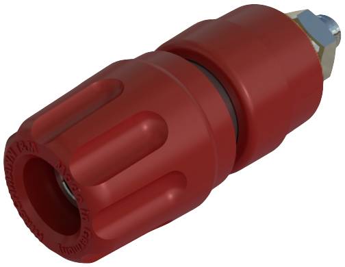 Red high-pressure washer spray nozzle with embossed lettering, cylindrical shape, ribbed design to enhance grip.