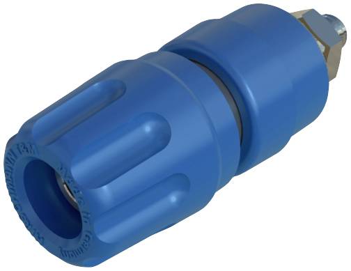 Blue high-pressure water jet nozzle with ridged surface and metal pin. Suitable for industrial cleaning applications.