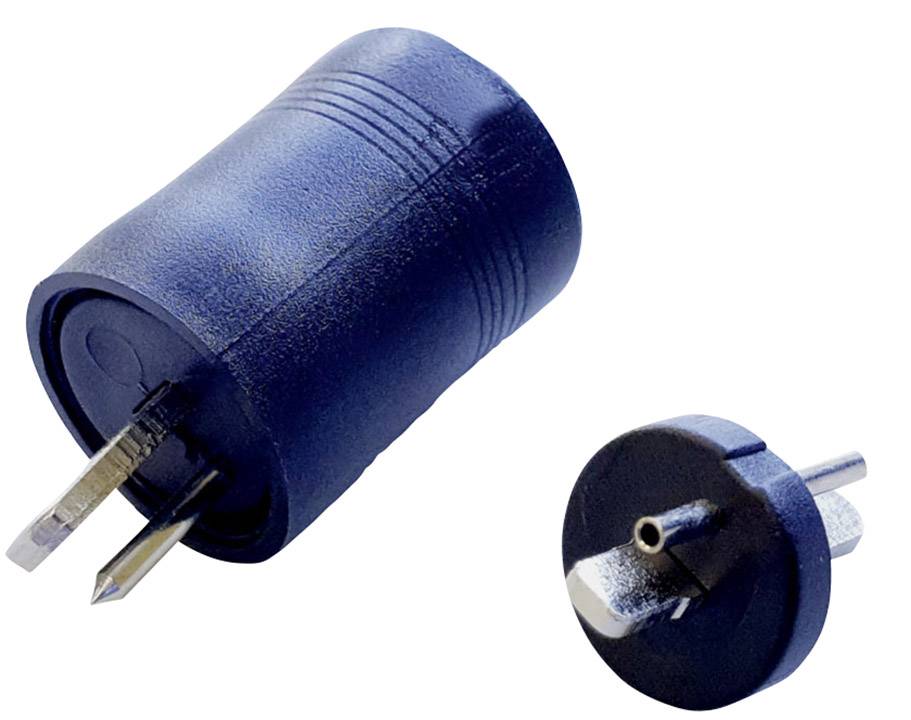 Adapters and plugs in black; one adapter with two flat pins and a round plug with a single flat metal pin.
