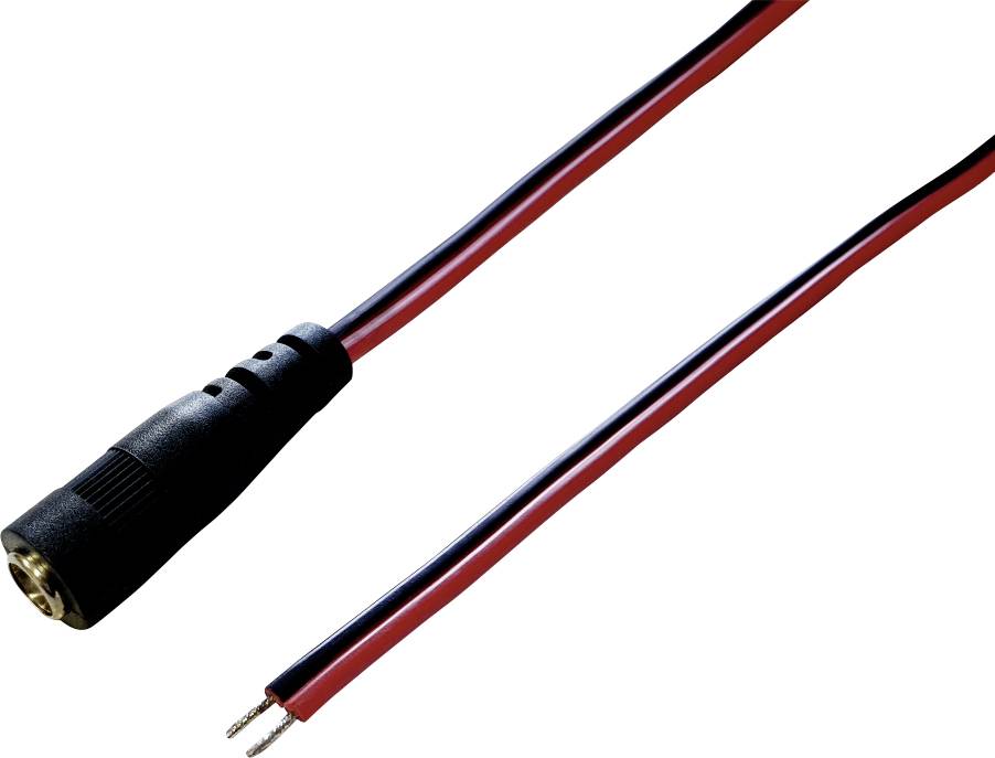 Black and red power cable with a 3.5 mm jack plug on one side and stripped ends on the other side.