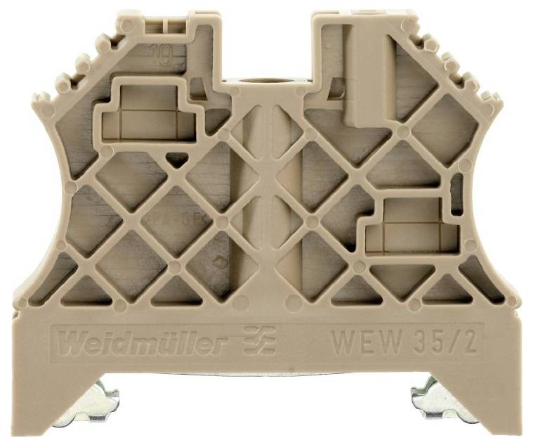 Brown Weidmüller DIN rail terminal block WEW 35/2, suitable for electrical connections on mounting rails, with crossed reinforcement design.