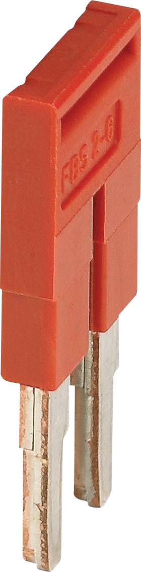 A red electrical connector with two metal prongs, labeled 'FBS 4-8', typically used for circuit boards or electronic devices.