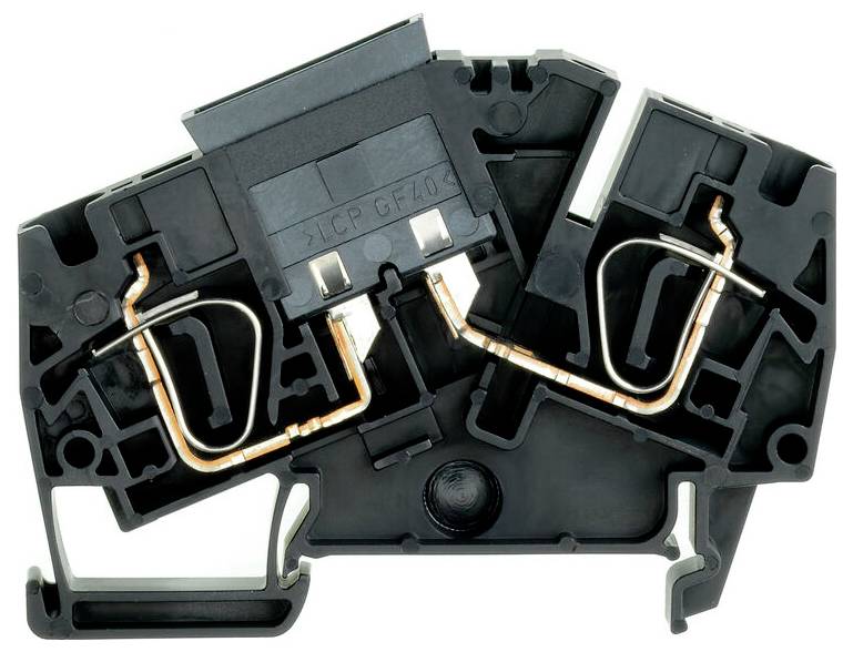 A black and copper electrical terminal block with a compact design, showcasing its internal wiring and connection points.
