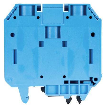 A blue, technical component, likely an electrical connector or terminal block, with multiple openings and mounting points.