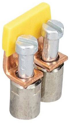 Two metal screw clamps with a yellow plastic cover connect electrical components. Used in circuit boards.
