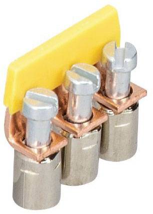 An electrical terminal block with three copper screws and a yellow plastic cover.