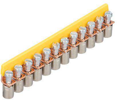 Image of a yellow busbar adapter with multiple silver contacts, used for electrical connection in electrical cabinets.