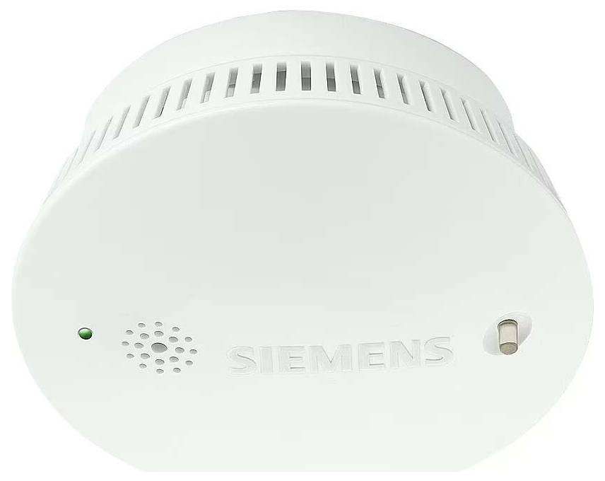 A white smoke detector with the brand name 'Siemens', showing a ventilation grille and a control light.