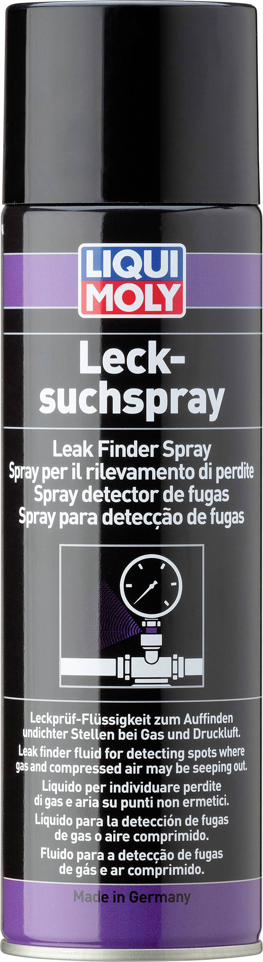 Aerosol 'Liqui Moly Leak Detection Spray' with instruction text in multiple languages. Used for detecting gas and compressed air leaks.
