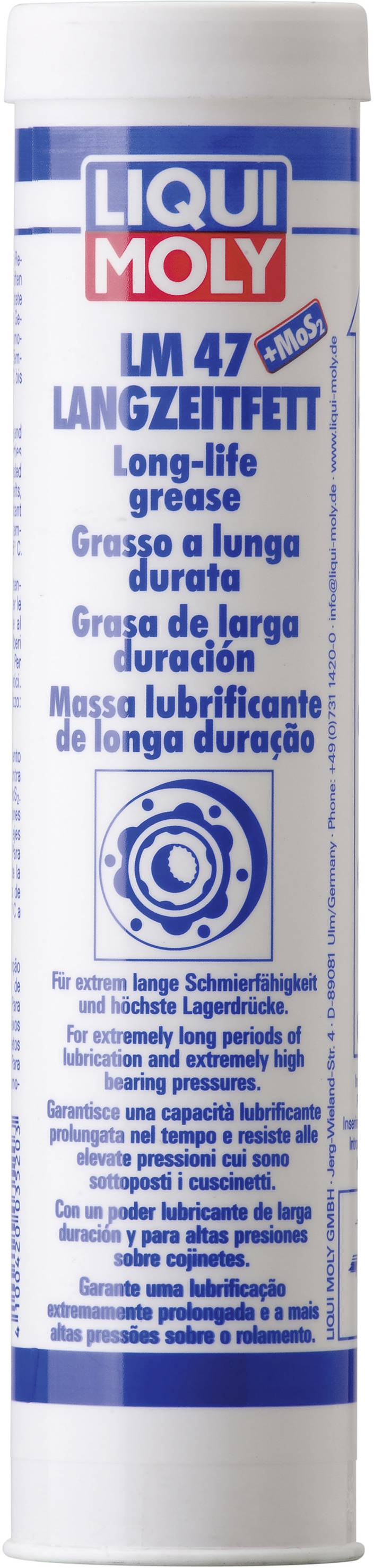 A blue tin with 'LIQUI MOLY' logo. Underneath it reads 'LM 47 Long-Term Grease'. Multilingual description and application instructions.