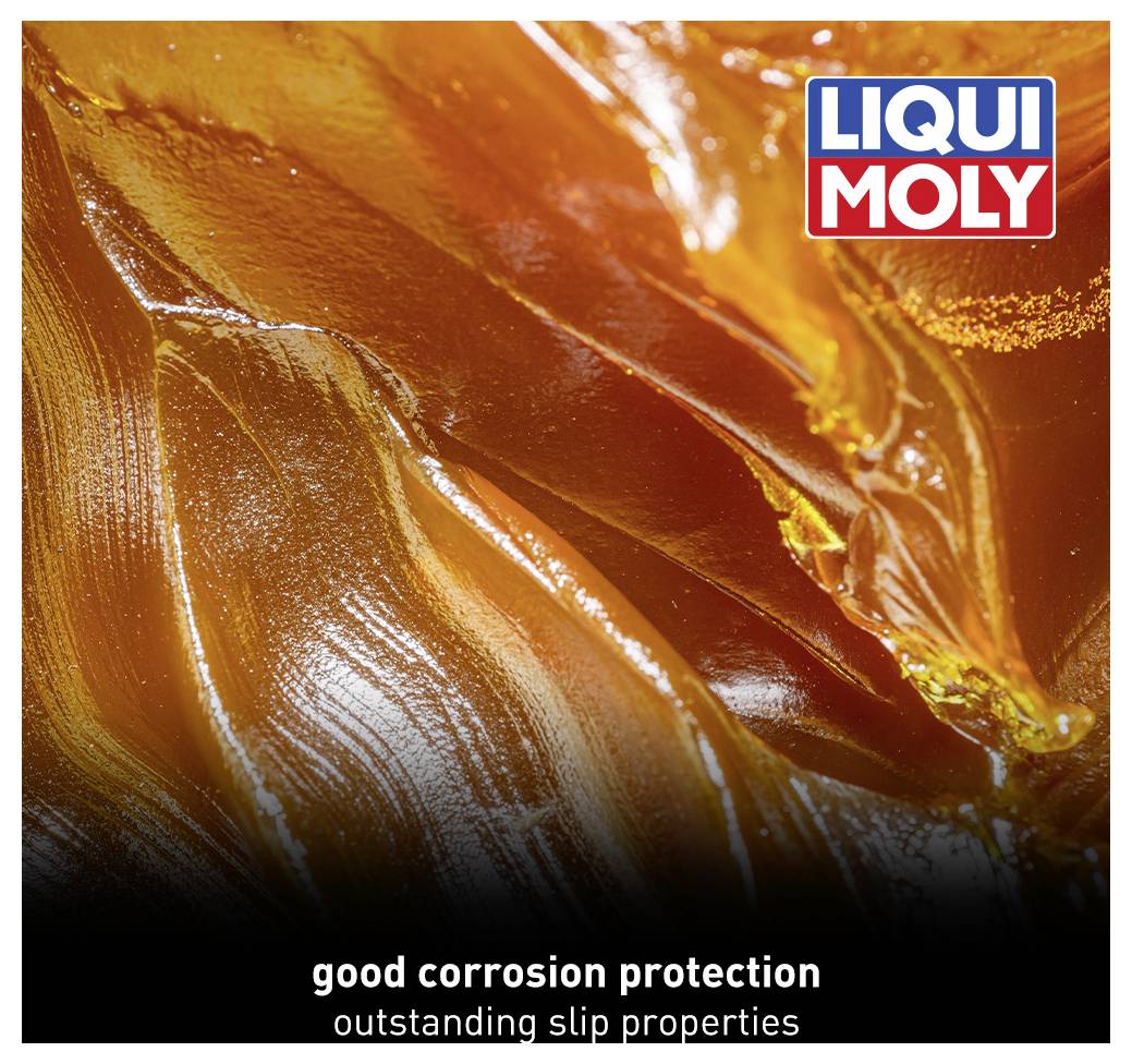 A close-up of orange grease paste. Liqui Moly logo in the top right corner. Text below: 'good corrosion protection, outstanding lubricating properties'.