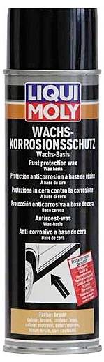 Spray can of 'Liqui Moly Wachs-Korrosionsschutz', a rust protection wax. The black label includes multilingual descriptions and a product image.