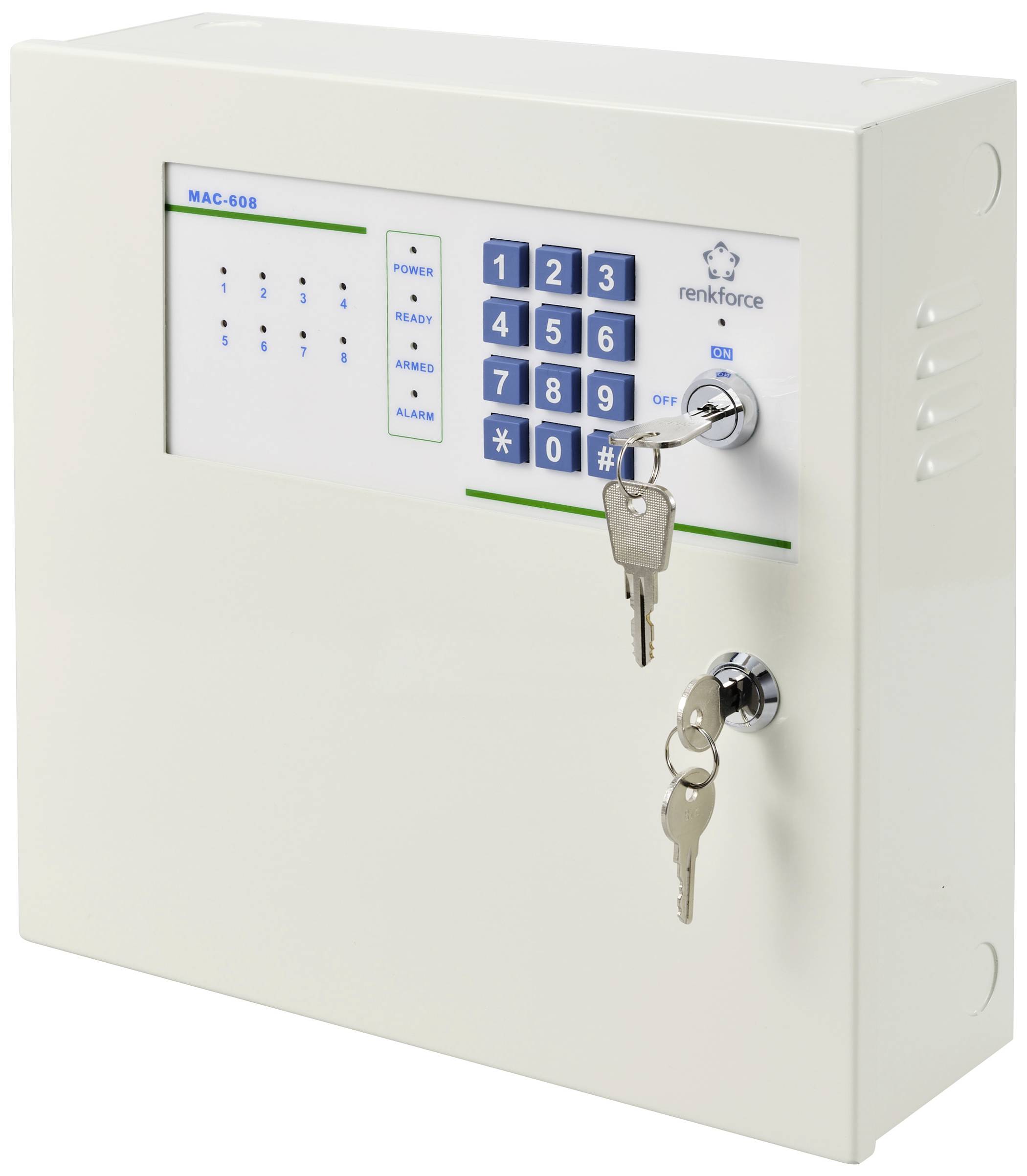 A white key cabinet with an integrated combination lock and two inserted keys. Keypad with blue buttons and display.