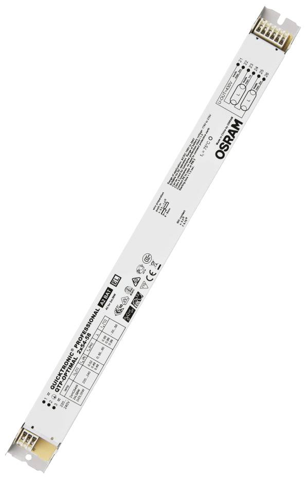 An Osram electronic ballast, rectangular in shape, with technical specifications and manufacturer's logo printed on it.