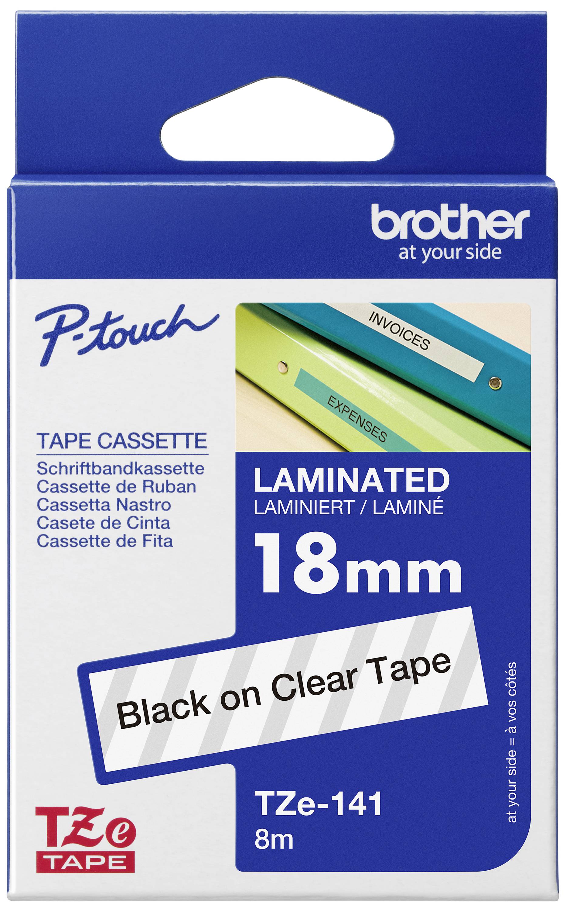 P-Touch Label Tape Cassette, laminated, 18 mm, black on clear, compatible with Brother devices.