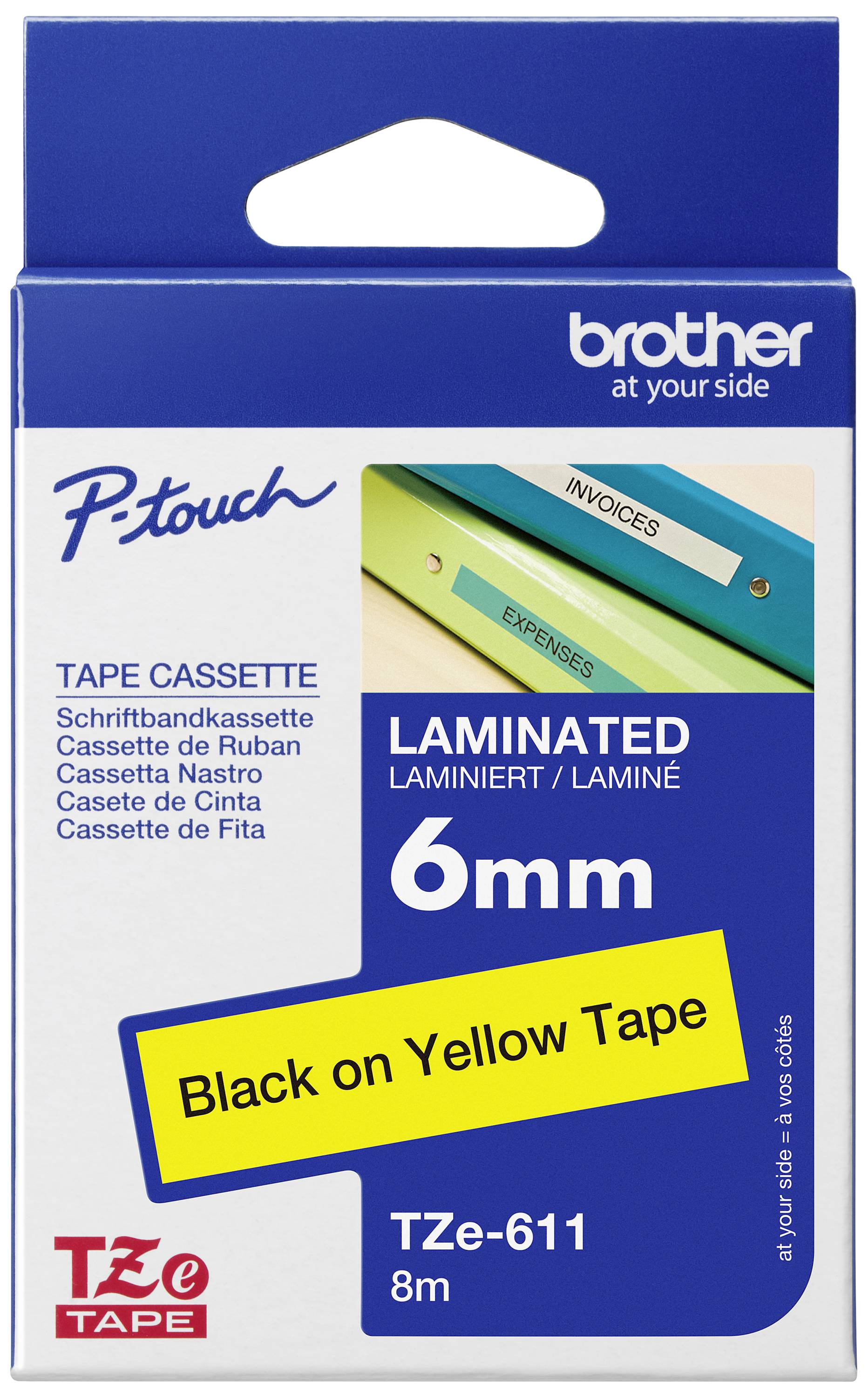 Brother label tape cartridge, laminated, 6 mm wide, 8 m long. Colour: Black text on yellow tape.