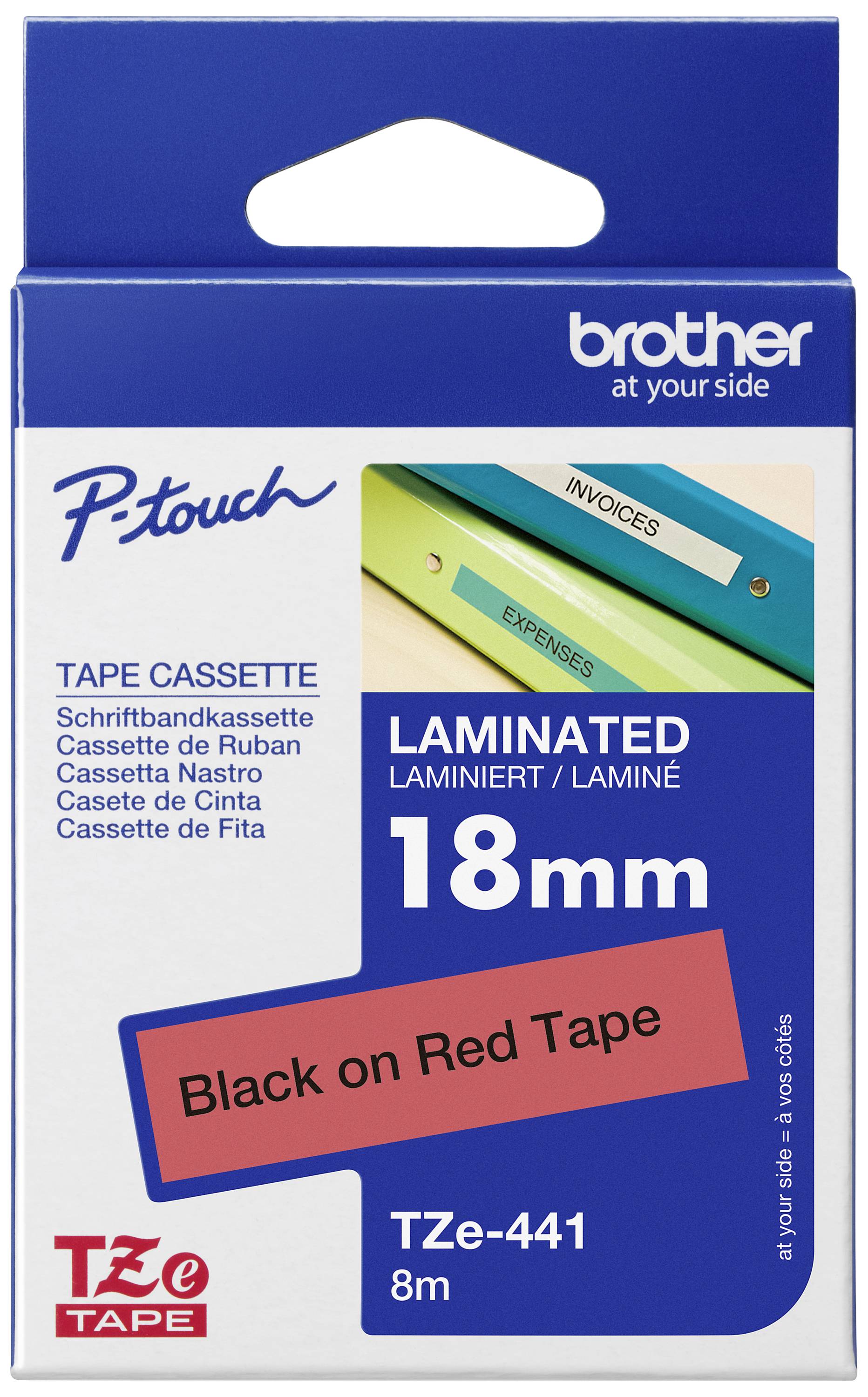 TZe-441 Tape Cassette by Brother: 18mm laminated, black text on red tape, 8m length, suitable for labelling.