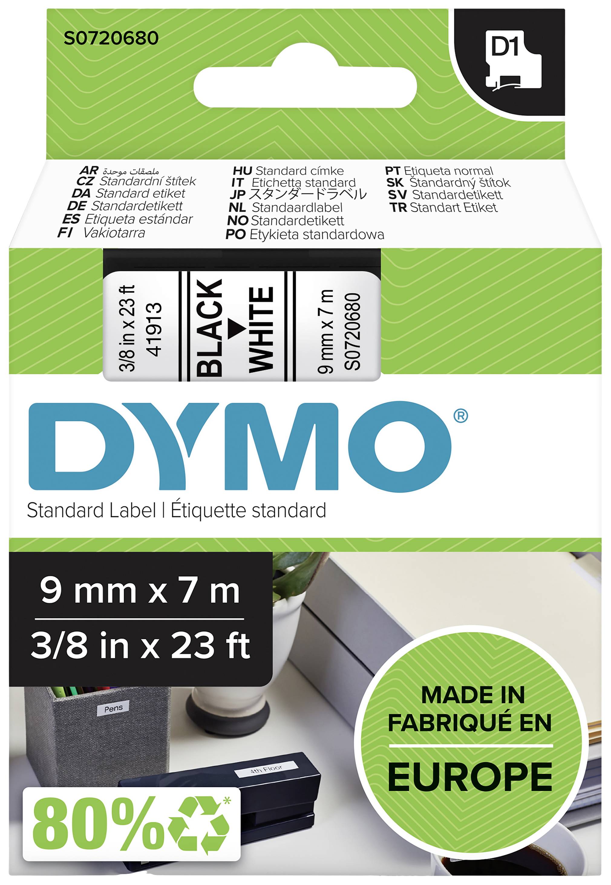 'DYMO Standard Label' packaging, black text on white label, size 9 mm x 7 m, manufactured in Europe, 80% environmentally friendly