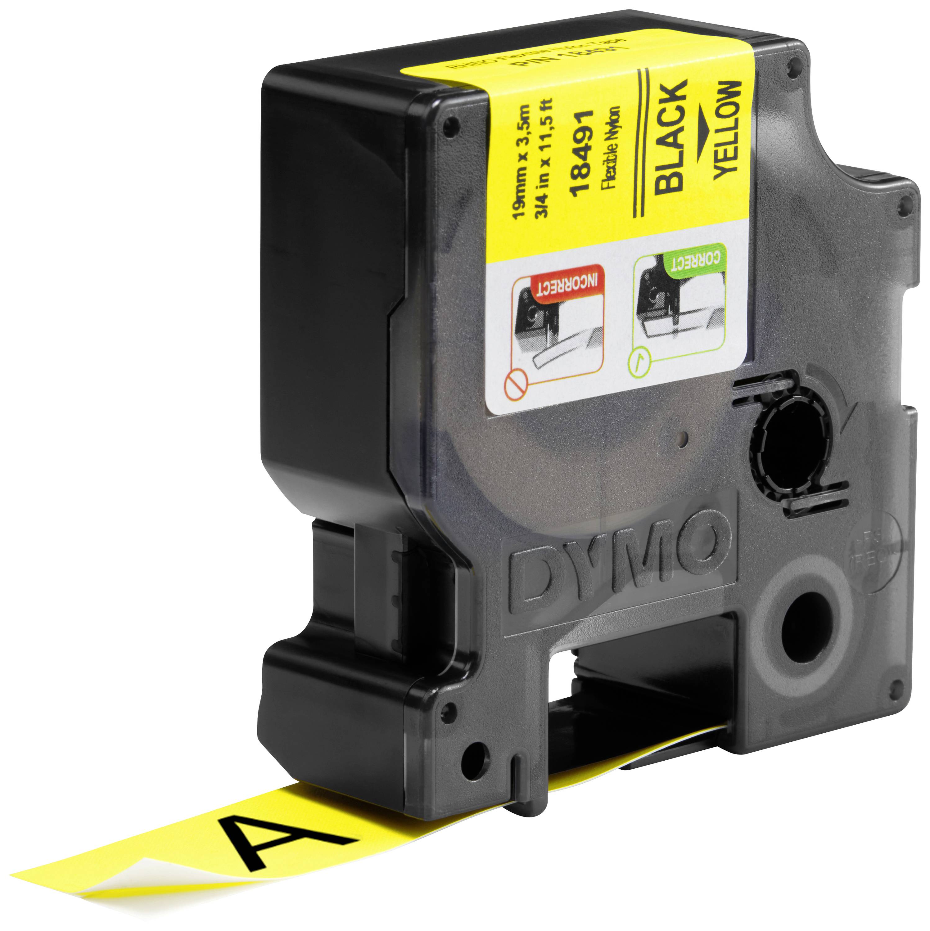 Label printer cartridge in black and yellow with a yellow tape trailing, showing a black 'A'.