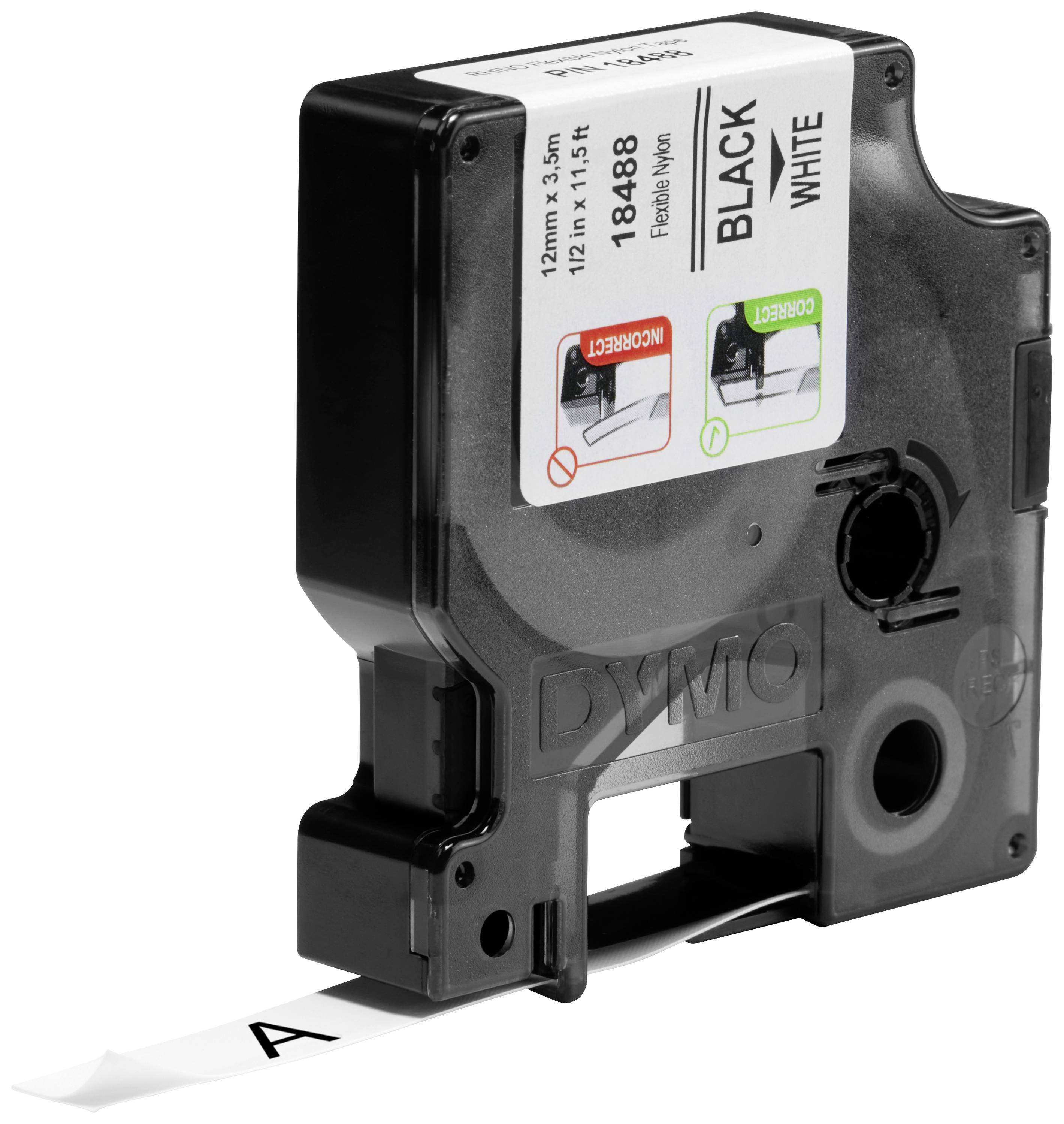 Black DYMO label cassette for tape printer, 12 mm x 3.5 m, displays white text on black tape.