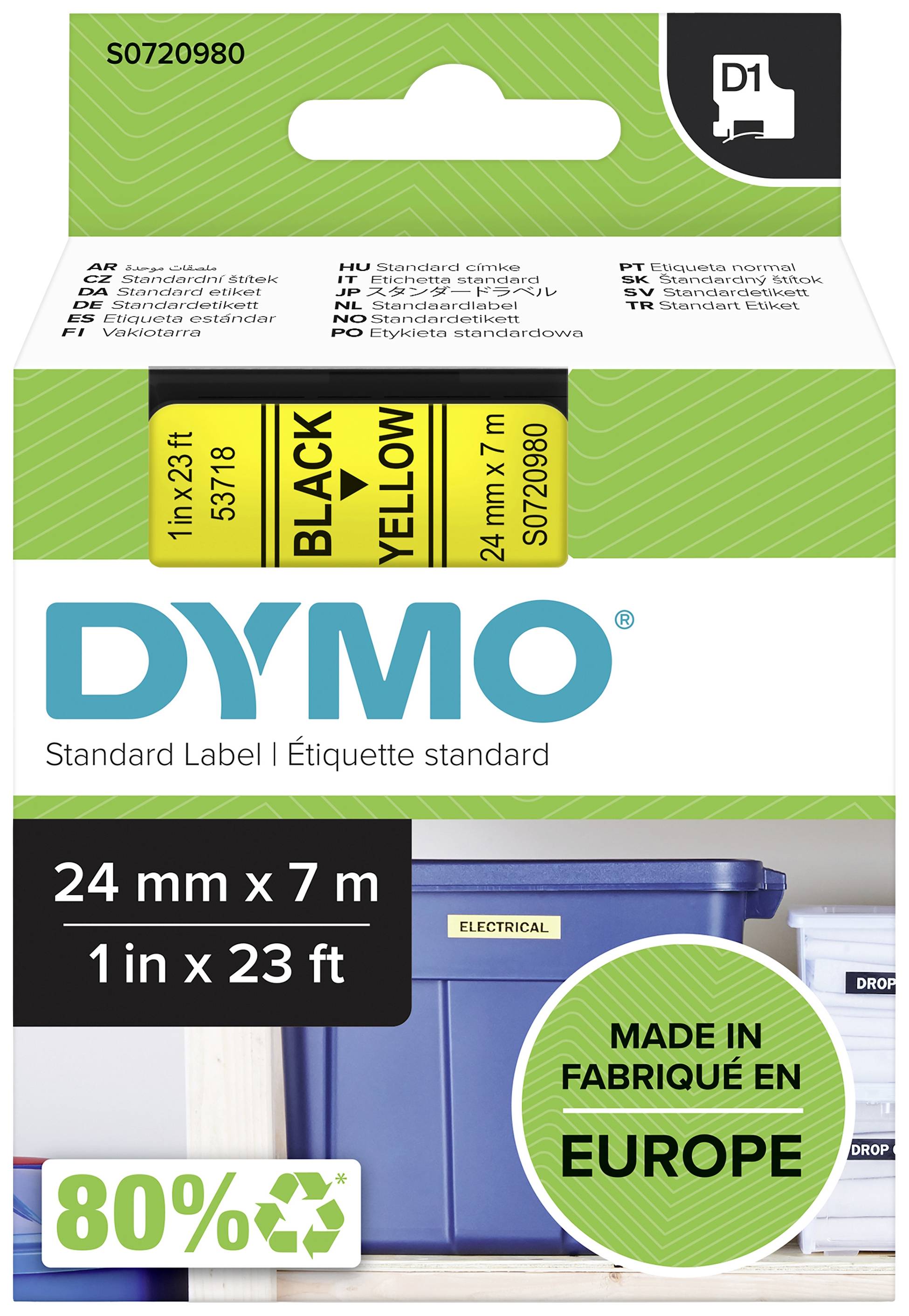 'DYMO' label packaging with black text on yellow background, 24 mm x 7 m. Also includes 