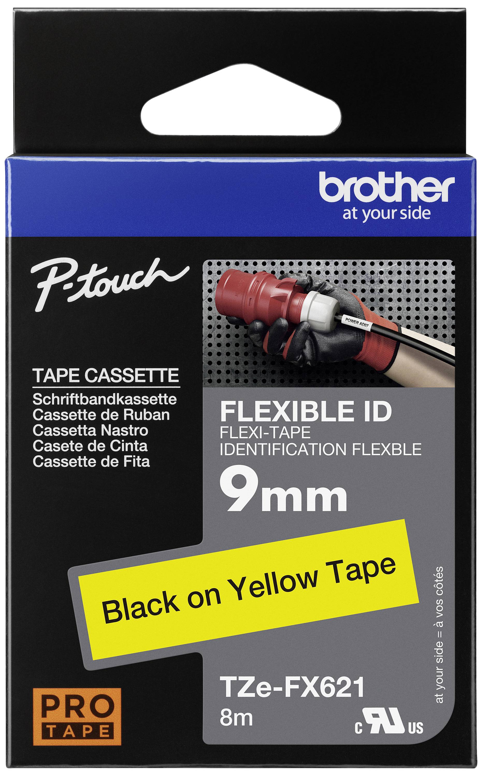 'Brother P-touch' flexible ID label cassette, 9mm, yellow printing on black tape. Packaging with example application image.