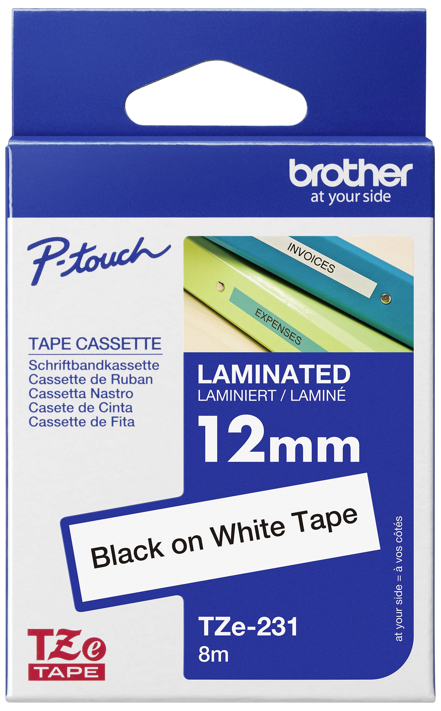 A packaging for 'Brother P-Touch' adhesive tape cassette, laminated, 12 mm, Black on White, with an illustration of ring binder labels.