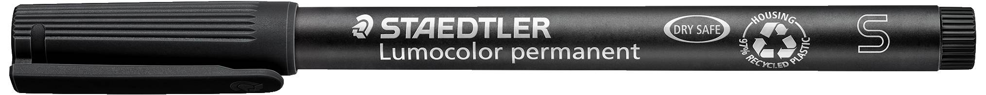 A black Staedtler permanent marker with recycling symbols on its casing.