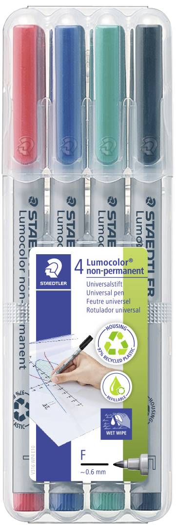 Four Staedtler Lumocolor non-permanent markers in Red, Blue, Green and Black in one package. Suitable for various surfaces.