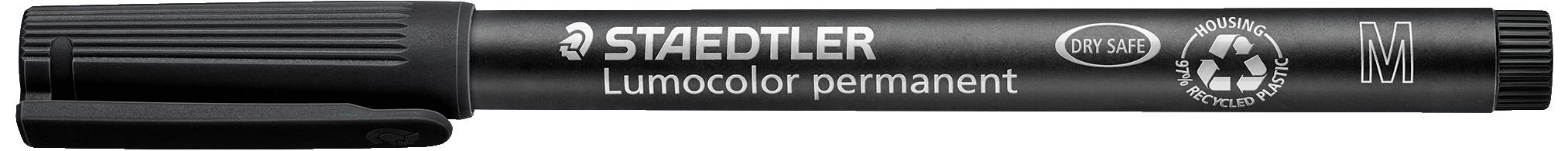 Black STAEDTLER Lumocolor permanent marker with medium tip, recycling symbol and water-resistant design, suitable for various surfaces.