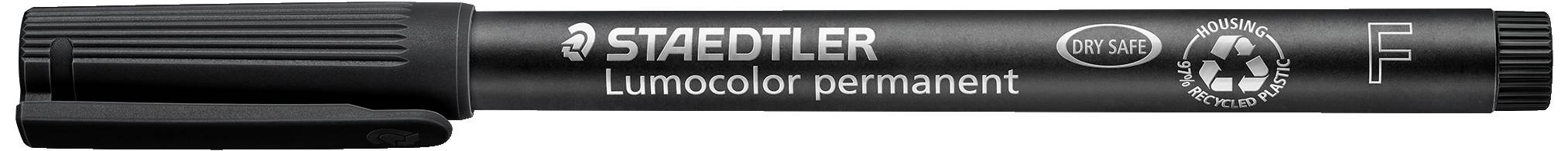 A black Staedtler Lumocolor permanent marker with cap, suitable for various surfaces; ideal for writing on CDs.