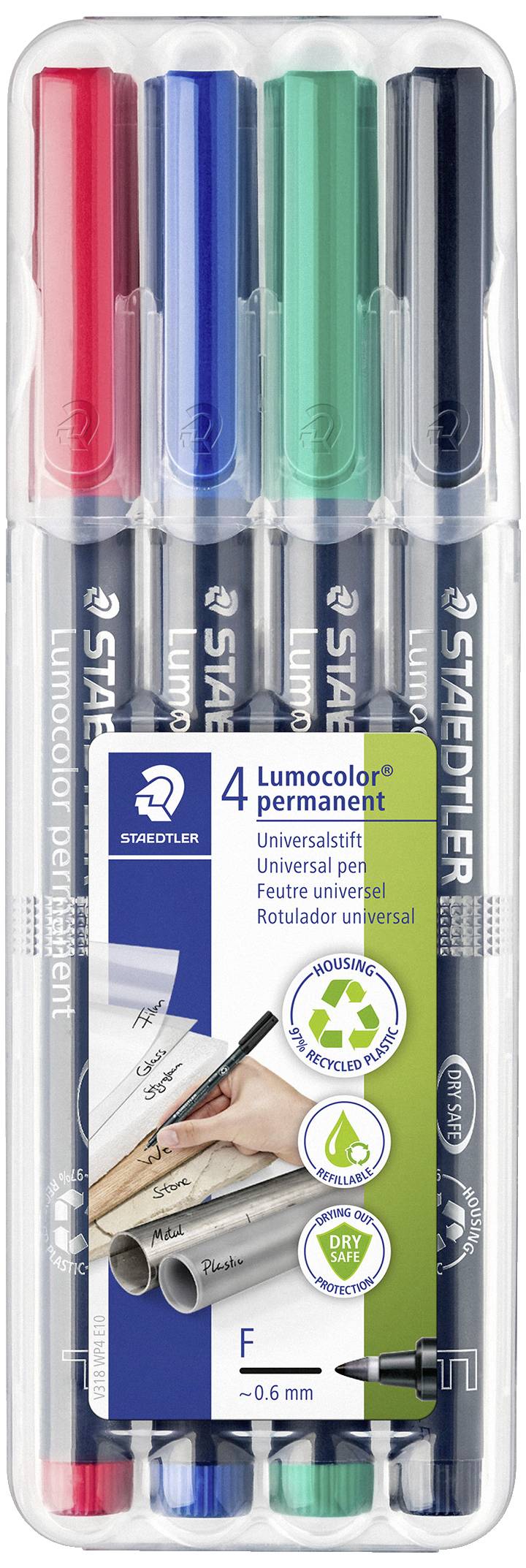 Staedtler Lumocolor permanent F DRY SAFE 318 WP4 Permanent marker Red, Blue, Green, Black waterproof: Yes