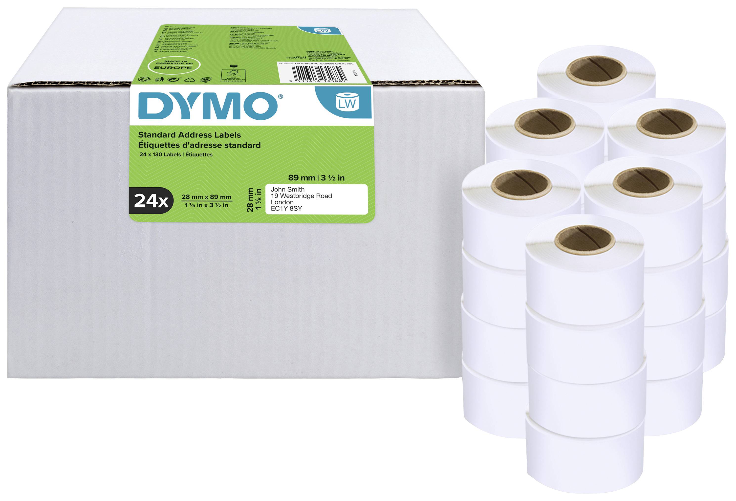 A box of 24 DYMO address labels and a stack of individual label rolls. Ideal for printers to label addresses.
