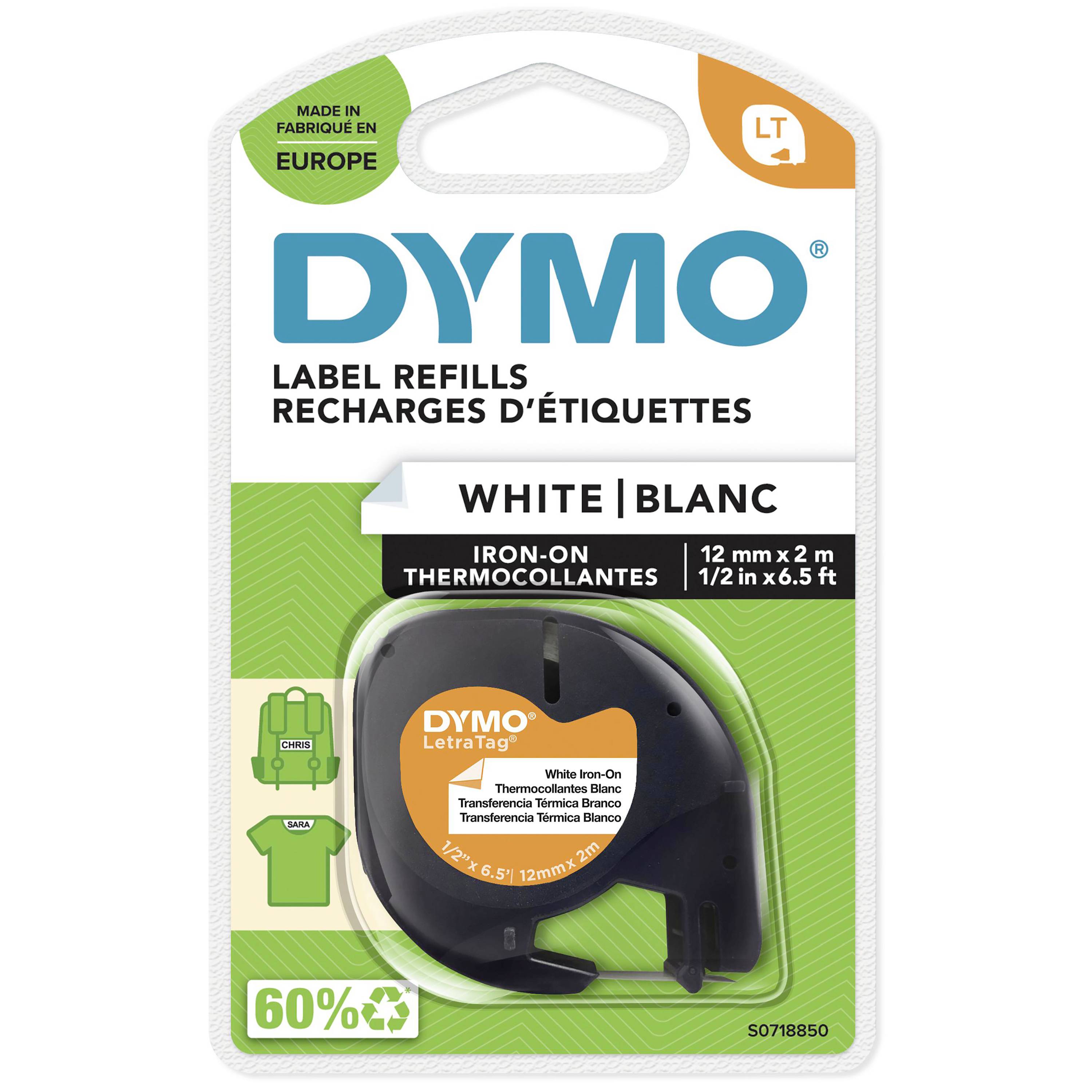 DYMO iron-on label refill pack; white text on fabric; 12 mm x 2 m; manufactured in Europe; 60% recycled.