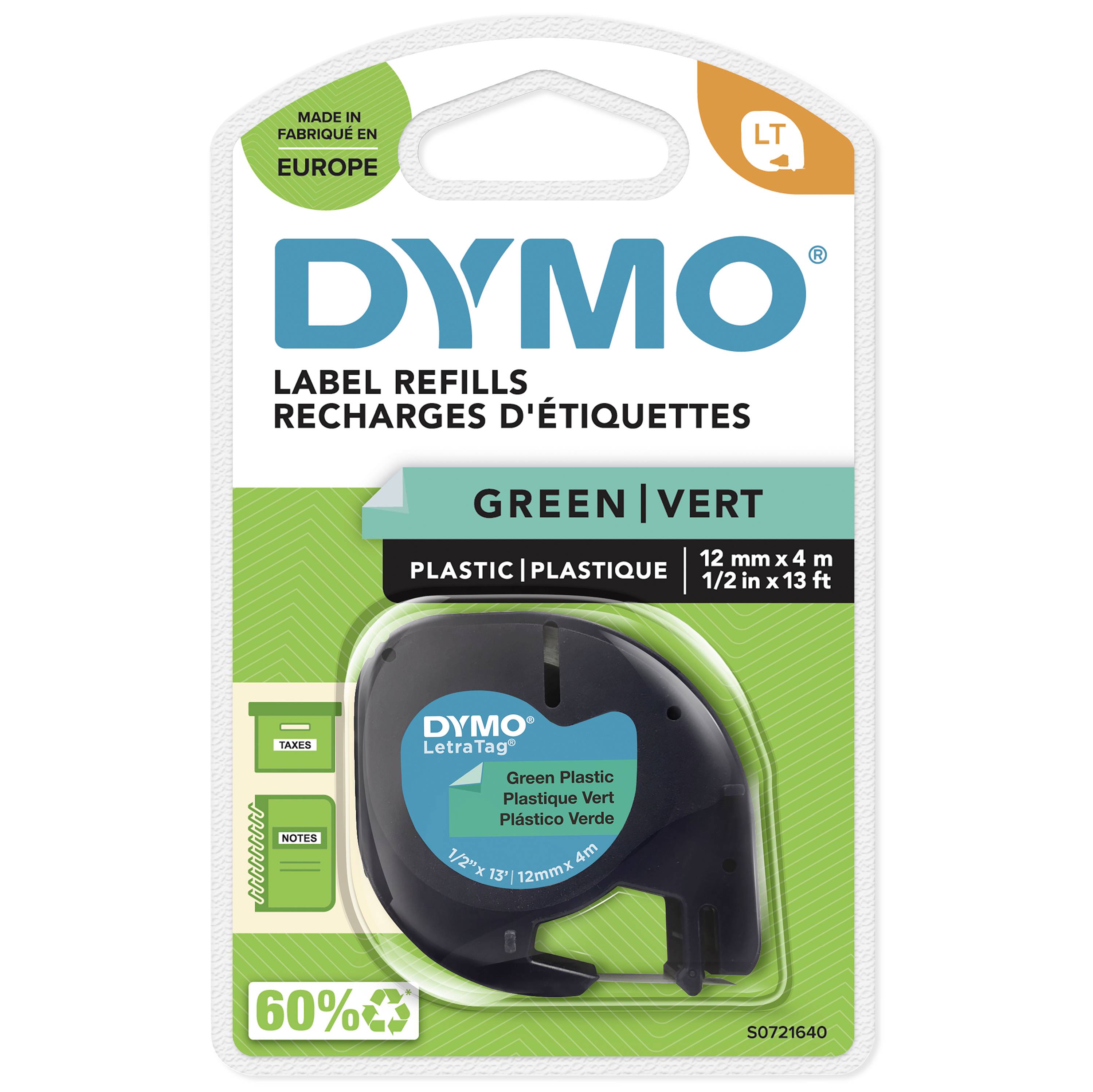 Label refill for the DYMO LetraTag, green, plastic, 12 mm x 4 m, manufactured in Europe, 60% recycled material.