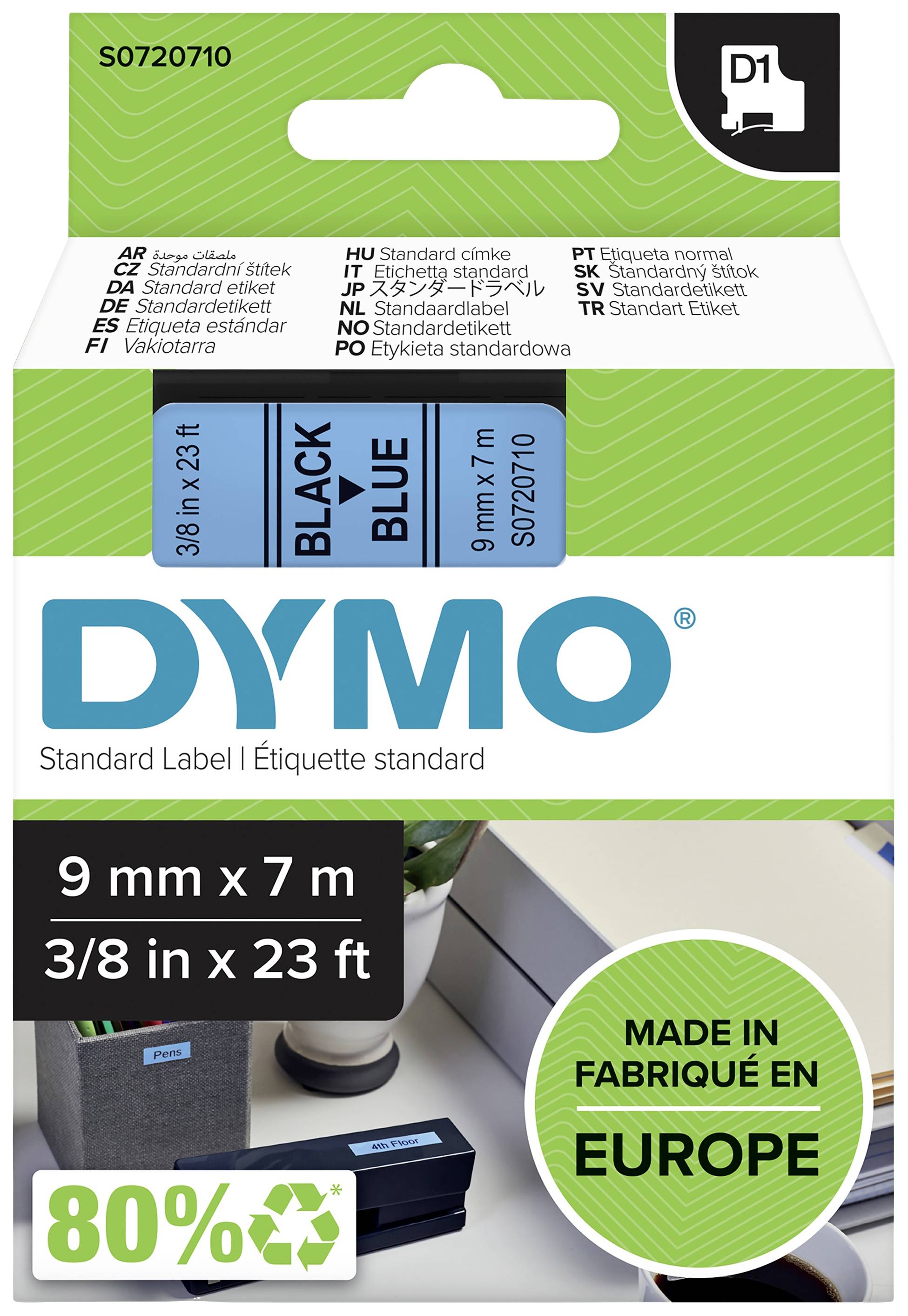 Verpackung für DYMO-Standardetiketten, blaue und schwarze Farben, 9 mm x 7 m. Hergestellt in Europa. 80 % recyceltes Material.