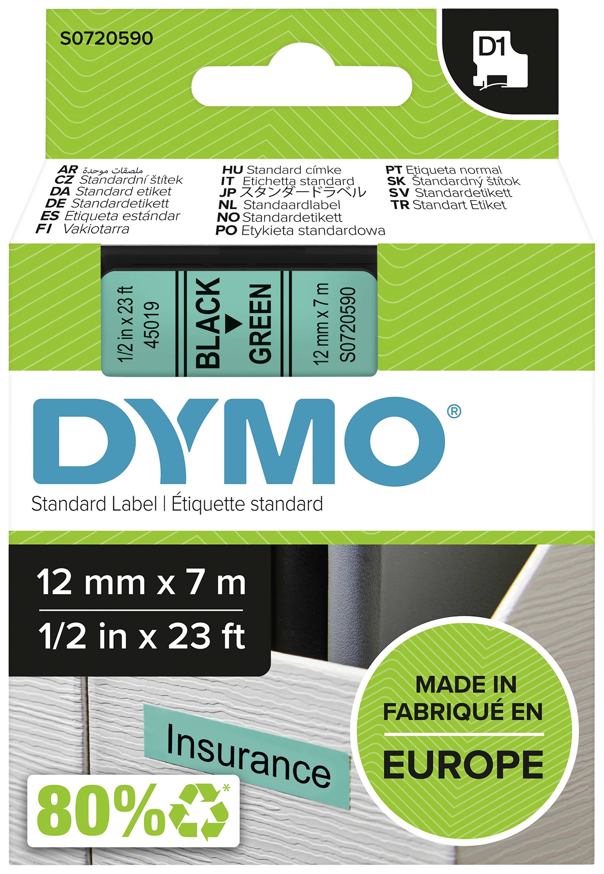 Label tape for Dymo printer, black on green, 12 mm x 7 m, manufactured in Europe. Contains 80% recycled material.