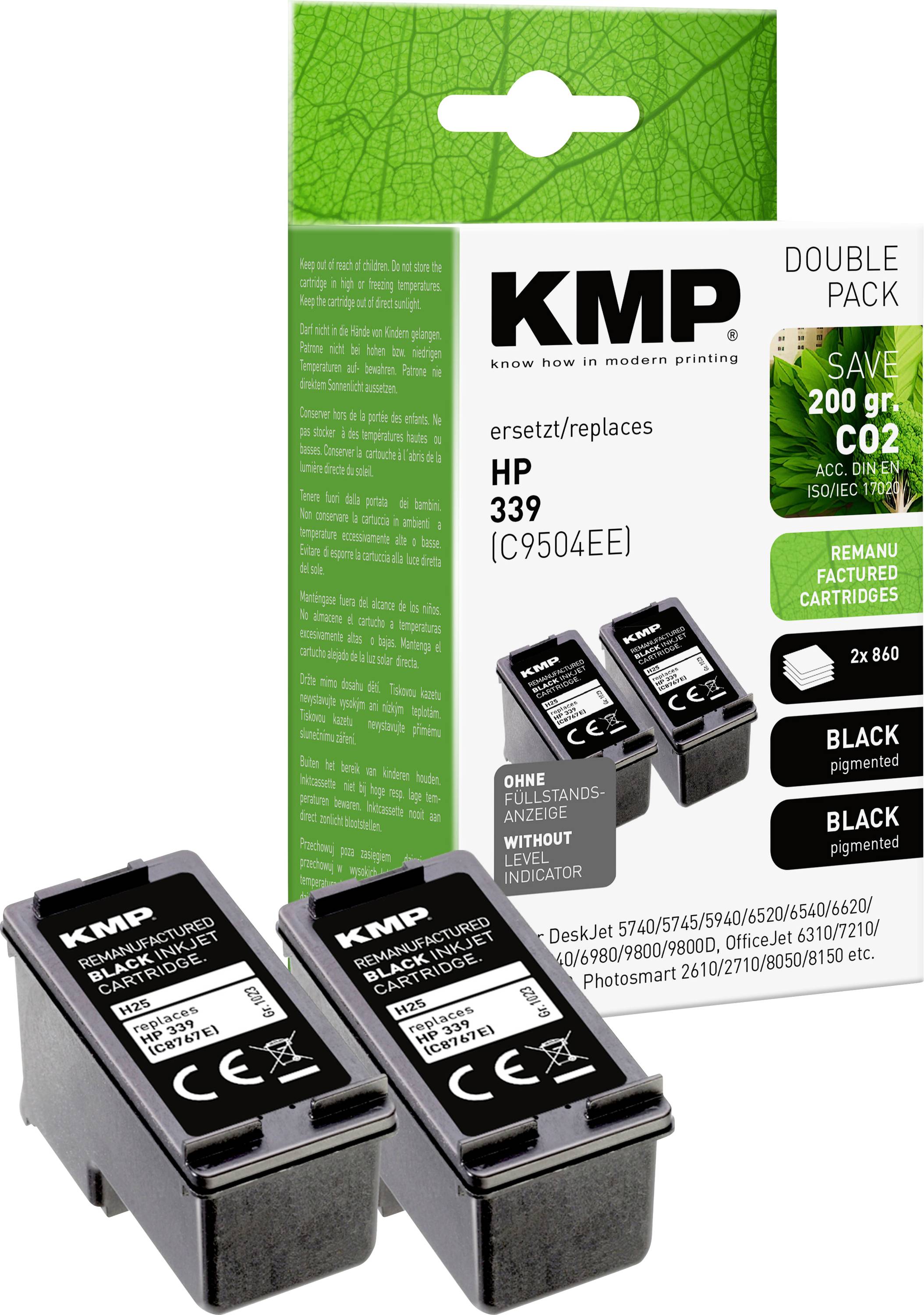 Two black KMP printer cartridges (HP 339 replacement) in front of packaging. Packaging shows 'SAVE 200 gr. CO2' and 'REMANUFACTURED INKJET CARTRIDGES'.