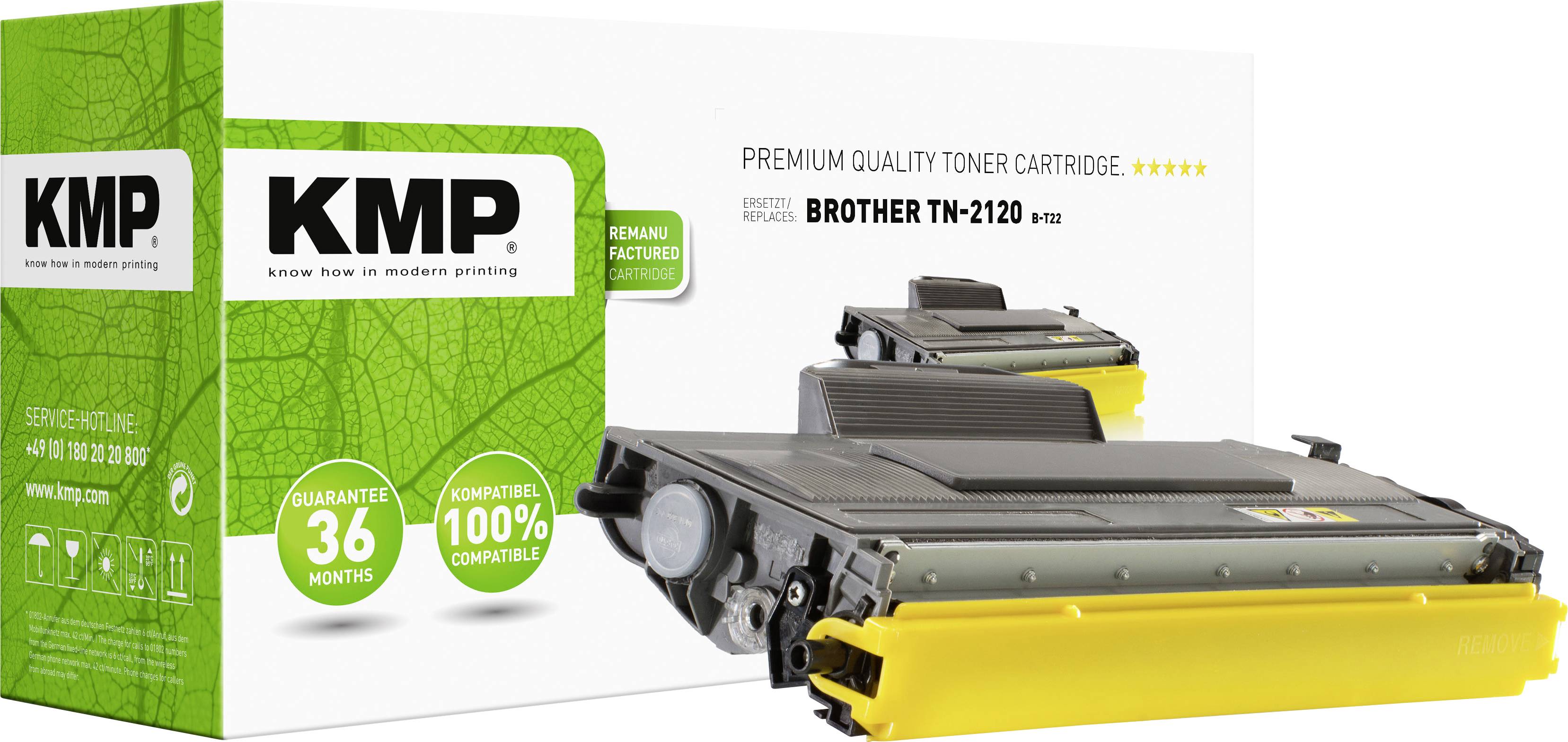 Printer toner cartridge, KMP brand, Brother TN-2120 model, 36 months' warranty, packaging included alongside the cartridge.