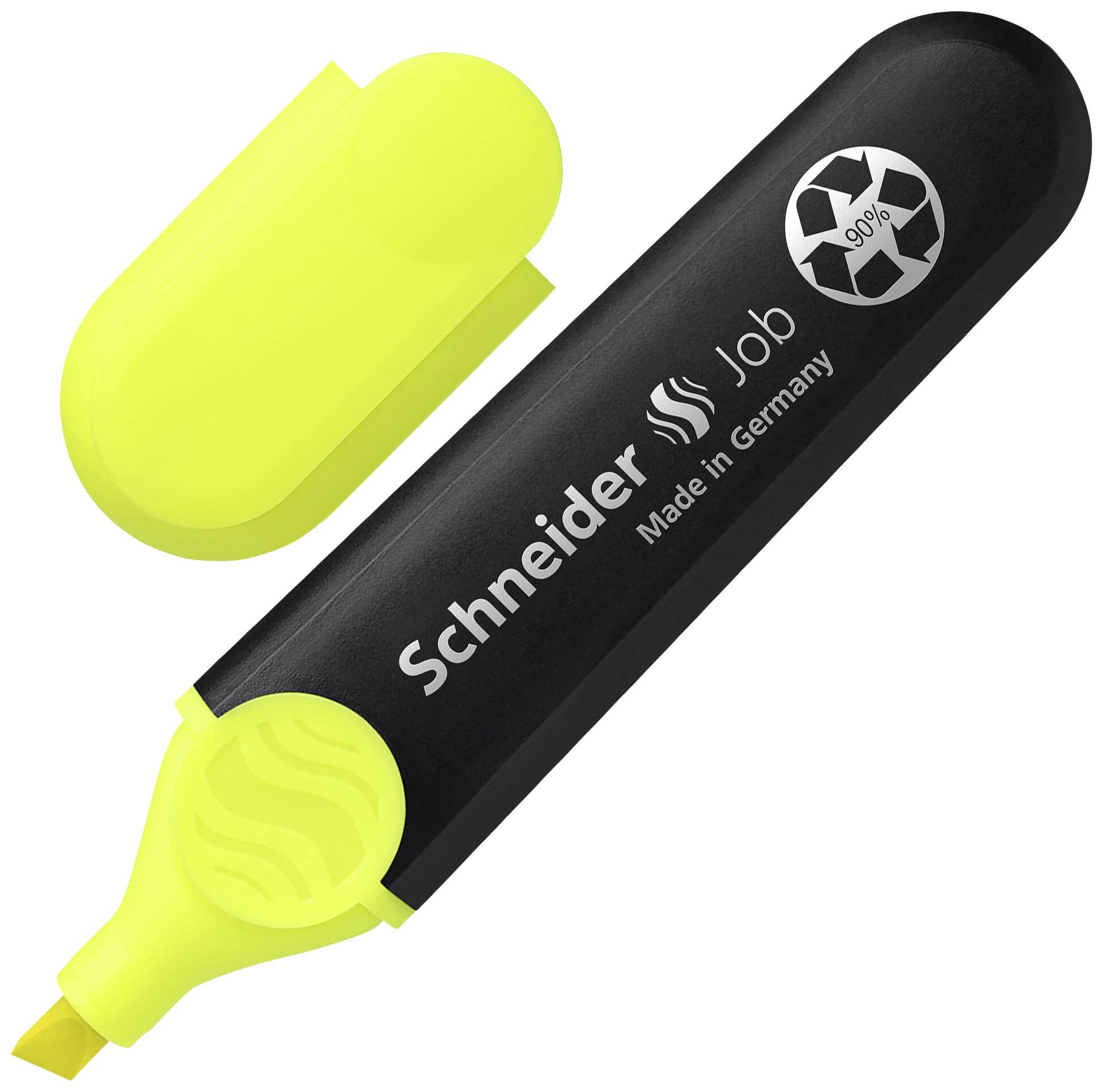 Yellow highlighter with lid removed. Text reads: 'Schneider Job, Made in Germany'. Black body, 100% recycling symbol.