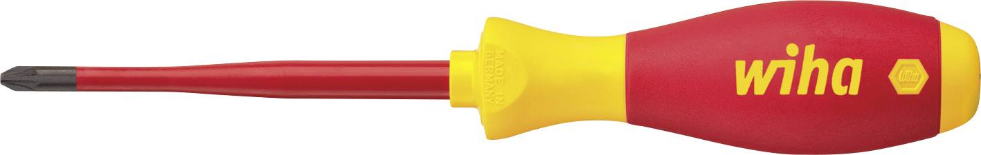 An isolated screwdriver with a red handle and yellow tip, lying on its side. The brand name 'wiha' visible on the handle.