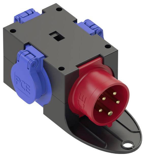 A six-pin, red industrial plug with a black housing and blue socket covers, used for electrical connections.