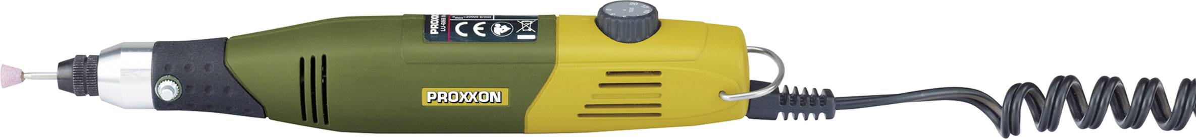 Rotary tool Proxxon Micromot 50/E, green-yellow housing, mains cable connected.