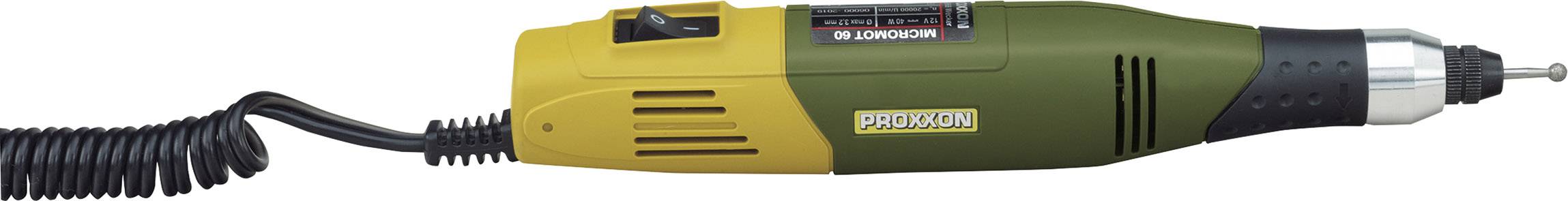 Proxxon drilling and grinding tool with green and yellow casing, lying horizontally. The cable is coiled.