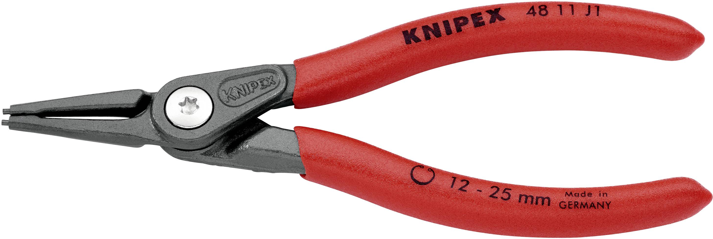 Red Knipex pliers with black handle, marked with dimensions 12-25 mm, Made in Germany.