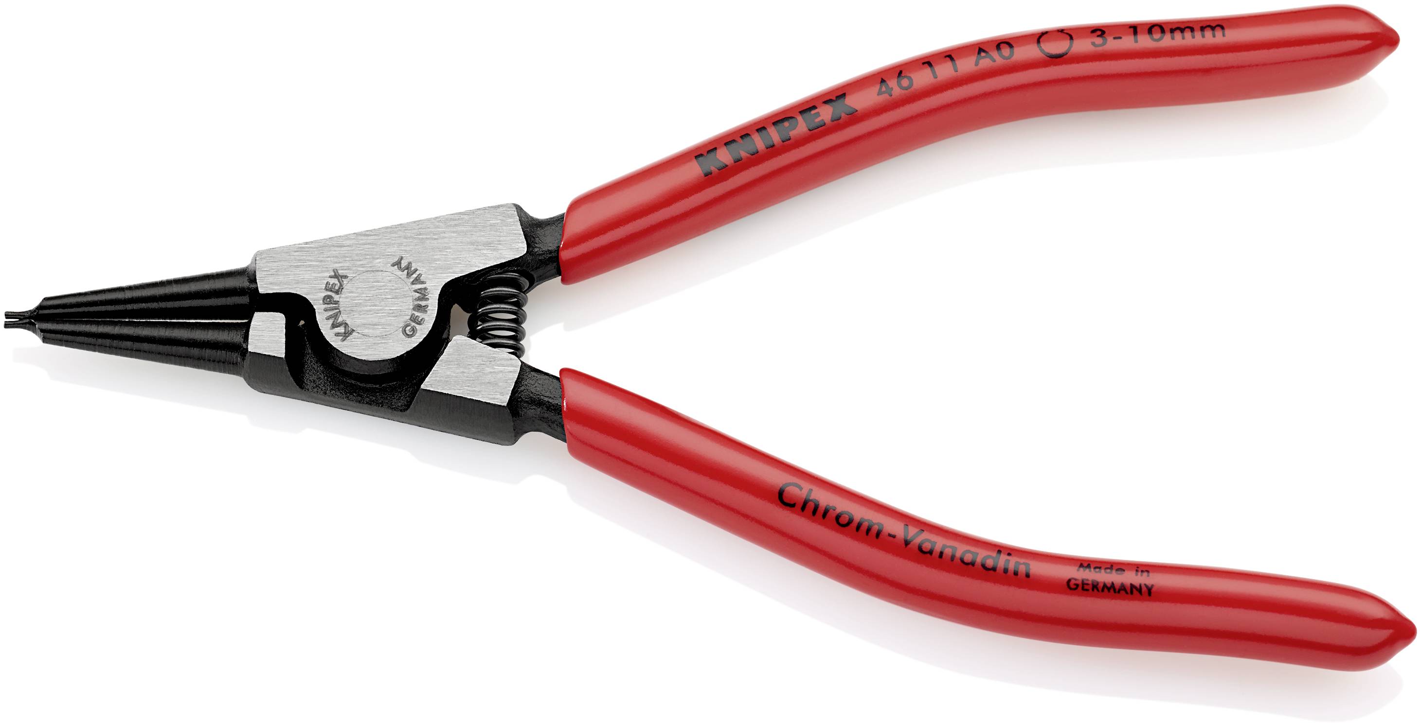 Red circlip pliers with black tips, labelled: 'Knipex 4611A0 3-10mm' and 'Chrome Vanadium Germany'.