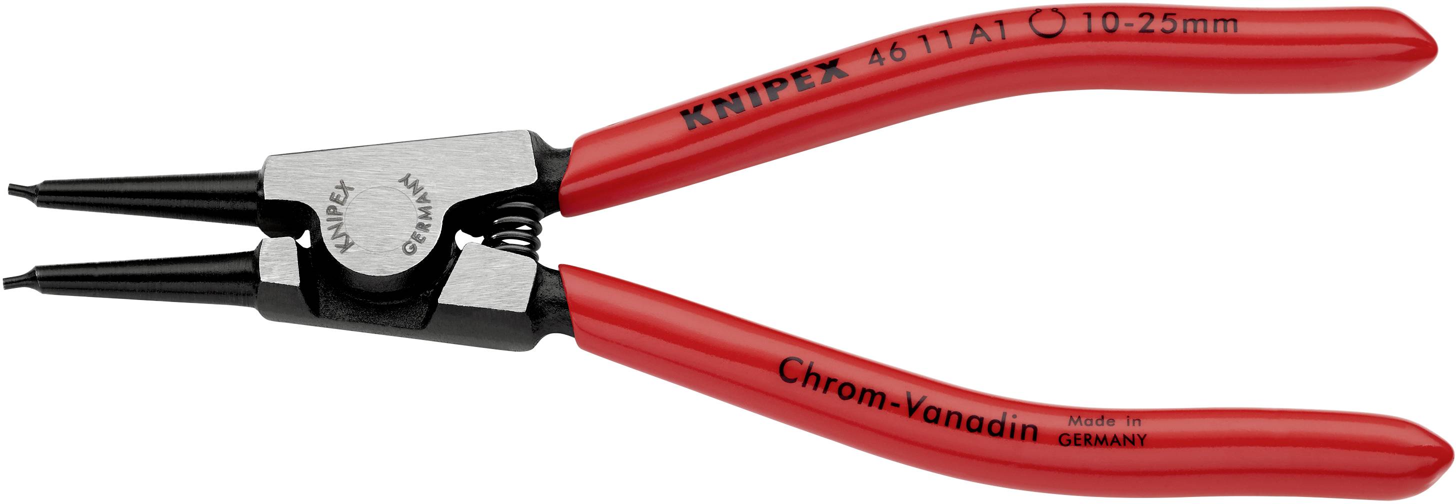 Red Knipex circlip pliers, suitable for internal retaining rings from 10-25 mm, chrome vanadium, manufactured in Germany.