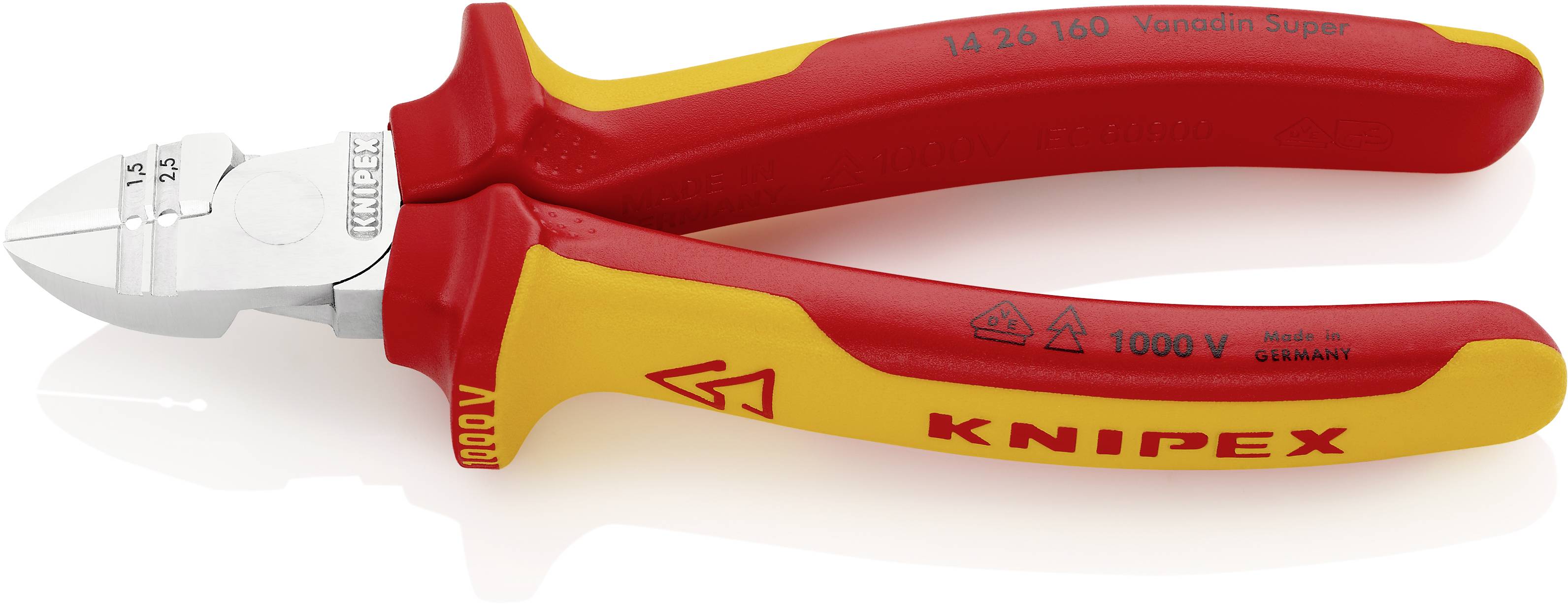 Side cutters with red and yellow handle, suitable for work up to 1000V. Model name 'KNIPEX', manufactured in Germany.