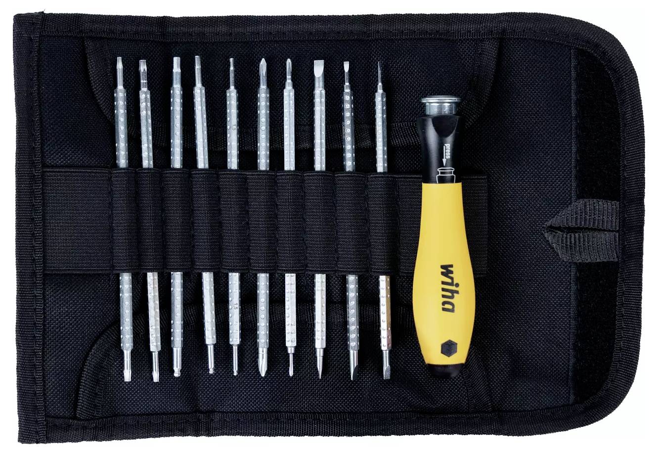 Compact toolkit with a yellow-handled screwdriver labeled 'wiha' and multiple precision bits in a black fabric case, organized neatly in loops.
