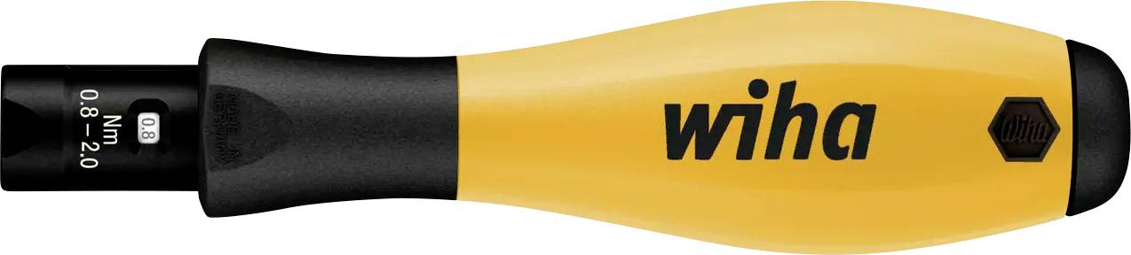 A yellow and black Wiha torque screwdriver with an adjustment range of 0.8 to 2.0 Nm.